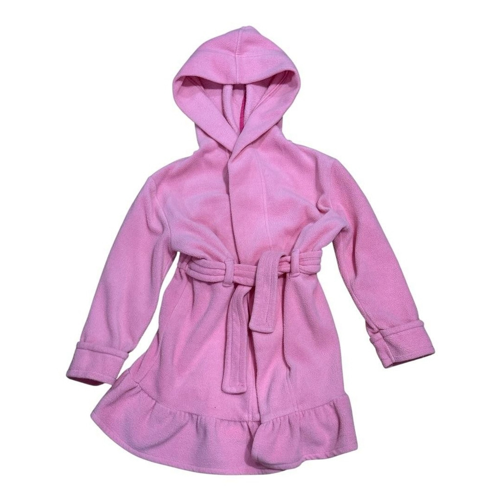 George Robe Girls 4 Pink Hooded Belted Fleece Ruffle Trim Soft Bathrobe